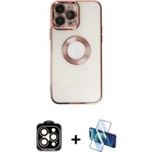 BUTİMAR'S iPhone 14 Pro Max Pusula Form - Siyah 3D Antistatik Cam Ekran Koruyucu + Turuncu Pvd Metal Kamera Lens