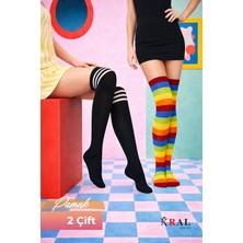 Kral Socks Kadın Dizüstü Çorap (2 Çift) Günlük Düz Çizgili Pamuklu Diz Üstü Siyah Çorap Yeni Trend