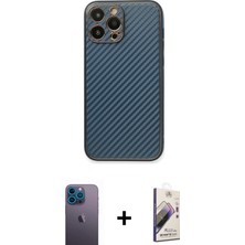 BUTİMAR'S iPhone 13 Pro Max Ahenk Işık - Siyah Bilvis 3D Mat Cam Ekran Koruyucu + Mavi Neon Fosforlu Kamera Lens