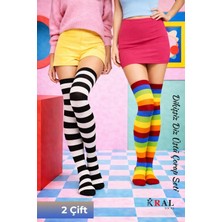 Kral Socks Kadın Dizüstü Çorap (2 Çift) Günlük Düz Çizgili Pamuklu Diz Üstü Siyah Çorap Yeni Trend