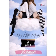 Kral Socks Kadın Dizüstü Çorap (2 Çift) Günlük Düz Çizgili Pamuklu Diz Üstü Siyah Çorap Yeni Trend