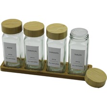 4'lü Cam Baharatlık Seti, Bambu Kapaklı ve Standlı, Mutfak Organizatörü, Baharat Saklama Kabı