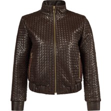 Derimod Della Kadın Kahverengi Örgü Desenli Kısa Deri Mont 26SGD5643AL