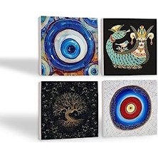 Nazar, Hayat Ağacı, Şahmeran Taş Bardak Altlığı Seti - 4 Parça - Dekoratif, Rustik Mutfak Aksesuarı, 10X10 Cm, Kaydırmaz Tabanlı, Şık ve Dayanıklı SC379