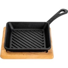 Döküm Mini Kare Izgara Tava Kayın Ahşap Altlıklı Döküm Demir Yekpare Saplı Ölçü 16X16CM.
