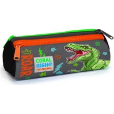 Gri Yeşil T-Rex Üç Bölmeli Kalem Çantası -Erkek Çocuk