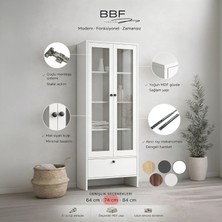 Cam Kapaklı Beyaz Çok Amaçlı Kitaplık Dolap – Çekmeceli Modern Raflı Vitrin