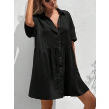Gacha Kadın Kısa Kollu Yakalı Önden Düğmeli Kısa Bürümcük Elbise