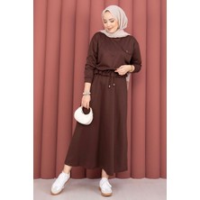 TK Cep Detaylı Crop & Etek İkili Takım Kahve