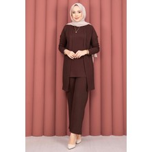 TK Kimonolu Tesettür Üçlü Takım Kahve