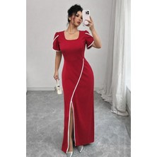 Stelol Kadın Kısa Kollu Kare Yakalı Önden Çapraz Kesim Detaylı Krep Elbise