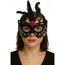 Urfakent Siyah Renk Siyah Süet Kaplama Tüylü Kelebek Figür Parti Maskesi 24X18 cm
