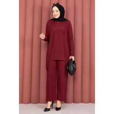 TK Kimonolu Tesettür Üçlü Takım Bordo