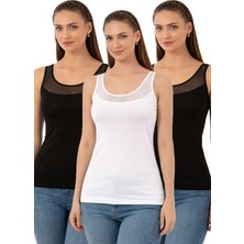 Özkan Underwear Özkan 20575 3'lü Paket Kadın Pamuklu Likralı Süprem Siyah Beyaz Tül Detaylı Kalın Askılı Atlet