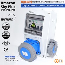 Hgsşarj "Amazon Sky Plus" 7,4kW Monofaze 3X32A + 1X16A Elektrikli Araç Kombinasyon Kutusu Tesla Mavi Adaptör Uyumlu Kaçak Akım Röle IP66-IP67-IP68 Üstün Koruma 5 Yıl Garanti