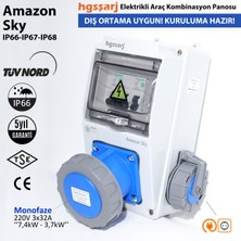 Hgsşarj "Amazon Sky" 7,4kW 3X32A + 1X16A Monofaze Elektrikli Araç Kombinasyon Kutusu Tesla Mavi Adaptöre Uyumlu IP66-IP67-IP68 Üstün Koruma Sch neider 5 Yıl Garanti