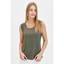Desen Triko Kadın Sıfır Yaka Flamlı Kumaş Basic Askılı T-Shirt KMY24086 Haki