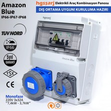 Hgsşarj "Amazon Blue" 7,4kW Monofaze 3X32A + 1X16A Elektrikli Araç Kombinasyon Kutusu Tesla Mavi Adaptör Uyumlu  IP66-IP67-IP68 Üstün Koruma 5 Yıl Garanti