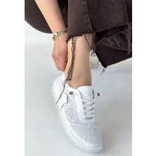 Erbilden Omma Beyaz Deri Lazerli Bağcıklı Spor Ayakkabı