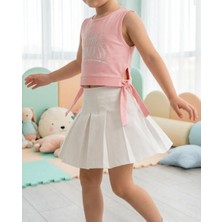 Ecoo Kız Çocuk Baskılı Atlet Etek Takım Yazlık Şık 2’li Takım Pembe Crop Üst Beyaz Pileli Etek