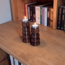 Sienta Home Dekoratif 2'li Doğal Ahşap Şamdan Mumluk Seti Çam Ağacı - Kestane