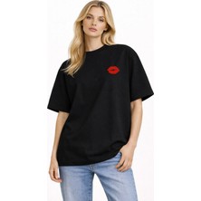 Camblys Unisex Kadın Erkek Kırmızı Dudak Ön Baskılı Oversize Kalın Kumaş Bol Kesim Pamuklu T-Shirt