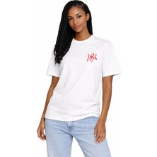Camblys Unisex Kadın Erkek Kırmızı Çiçek Ön Baskılı Oversize Kalın Kumaş Bol Kesim Pamuklu T-Shirt