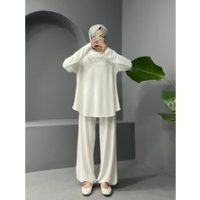 Modamorfo Yuvarlak Yaka Oval Kesim Cepli Pantolonlu Osyho Takım -Beyaz