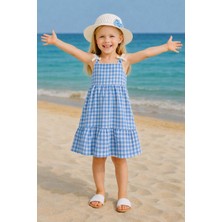 Erzani Kids Şapkalı Kombin – Kareli Fiyonk Detaylı Günlük Yazlık Askılı Şapkalı Elbise