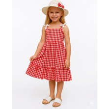 Erzani Kids Şapkalı Kombin – Kareli Fiyonk Detaylı Günlük Yazlık Askılı Şapkalı Elbise