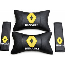 Stilix Garage Renault Nakışlı Megane Clio Deri 1 Çift Boyun Yastık ve 1 Çift Kemer Pedi Noktalı Düz Deri