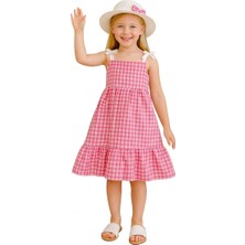 Erzani Kids Şapkalı Kombin – Kareli Fiyonk Detaylı Günlük Yazlık Askılı Şapkalı Elbise