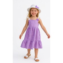 Erzani Kids Şapkalı Kombin – Kareli Fiyonk Detaylı Günlük Yazlık Askılı Şapkalı Elbise