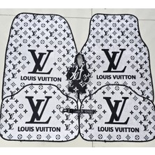 Lv Xl Beyaz - Siyah Dekor Oto Halı Paspas 4 Parça Ön Arka Takım ve Vites Poları(Kumaş Anahtarlık Hediyeli)