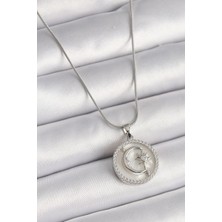 Nexgen 316L Çelik Gümüş Renk Zincir Zirkon Taş Detaylı Beyaz Sedefli Ay Yıldız Işleme Kadın Kolye