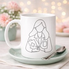 Urfakent Doktor Temalı Porselen Kupa Model 173 – Kadın Doktor Çizimli Kahve Kupası – Sağlık Çalışanı Hediyesi – Doktorlara Özel Tasarım Kupa