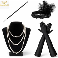 Urfakent 1920’LER Çarliston Aksesuar Seti – Inci Kolye, Eldiven, Sigara Tutucu, Siyah Saç Bandı