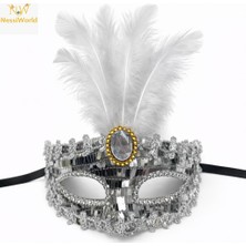 Urfakent Lüks Gümüş Tüylü Taşlı Balo Maskesi