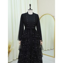 Modamorfo Eteği Katlı Serpme Incili Tül Abaya Takım -Siyah