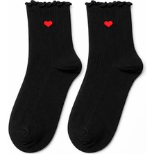 QUALITY WALKING Kalp Desenli Dikişsiz Pamuk Kadın Çorap Fırfırlı Bilek Şık Kullanım