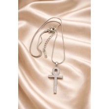 Ascera Ankh Yaşam Anahtarı Kolye – 316L Çelik Gümüş Renk Taşlı Kararmayan Kadın Model