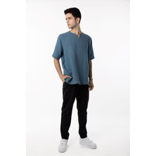 Müslin V Yaka Kısa Kollu Erkek T-Shirt Gömlek - Indigo