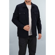 Souris Erkek Koyu Lacivert Slim Fit Mevsimlik Softshell Gömlek Ceket Fermuarlı Kapaklı Çift Cepli