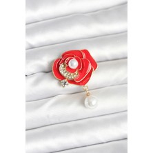 Nexgen Kırmızı Gül Incili Model Broş