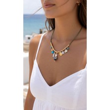 Derin's Design Art Yeni Sezon Deniz Temalı Charm Kolye / Zeytin Yeşili Kordon Evil Eye Nazar Boncuklu Yazlık Kolye