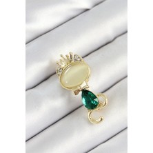 Nexgen Yeşil Damla Zirkon Taşlı Kraliçe Taçlı Kedi Figürlü Gold Renk Kadın Broş