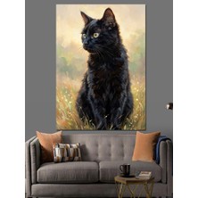 Karizma Tablo Çiçek Bahçesinde Oturan Siyah Kedi Dekoratif Kanvas - Mdf Ahşap Tablo