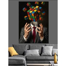 Karizma Tablo Rubik Küp Kafalı Takım Elbiseli Dekoratif Kanvas - Mdf Ahşap Tablo