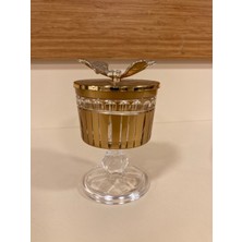Şekerlik Kesme Cam Pirinç Kapak Kelebek Detaylı Altın Yükseklik 12 cm Çapı 9 cm