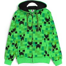 Minecraft Creeper Desenli Fermuarlı Unisex Çocuk Ceket Zip Minecraft 360 Derece Baskılı Hırka Yeşil 001-0001806